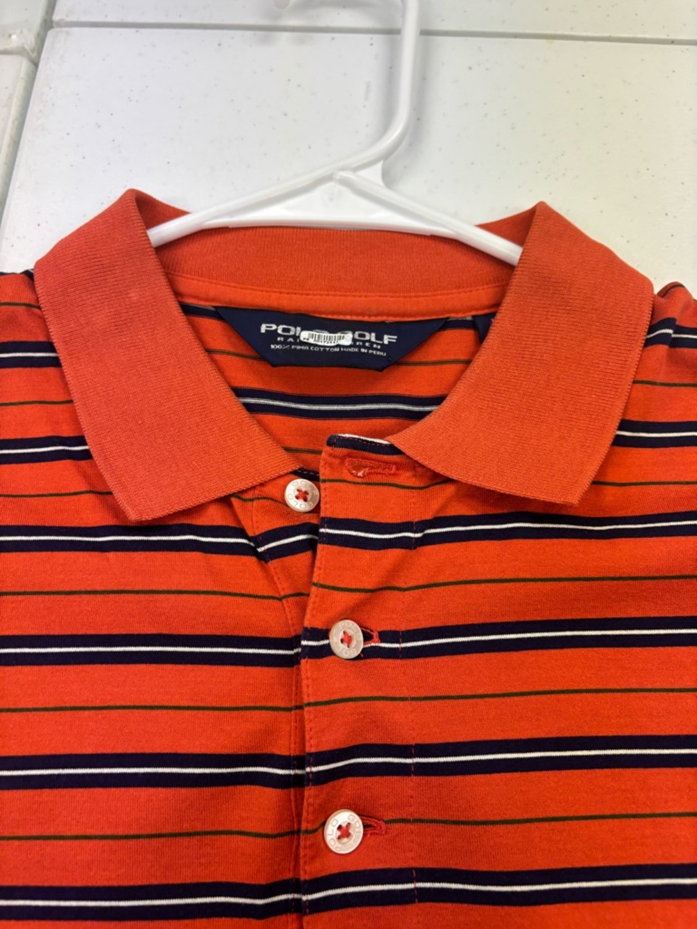 RALPH LAUREN GOLF POLO SHIRT  MEN SIZE MEDIUM  ORANGE & NAVY STRIP